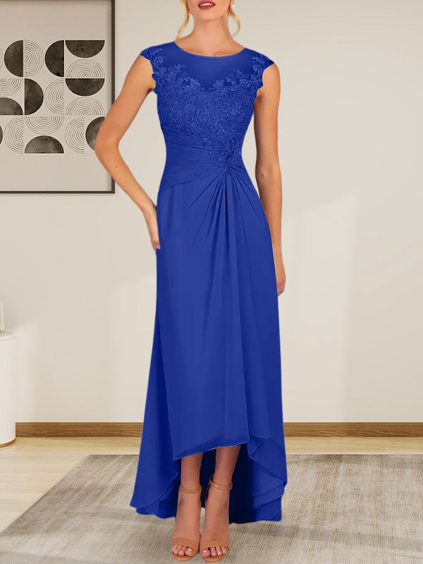 Champagnerfarbenes A-Linien-Chiffonkleid mit Rundhalsausschnitt und Spitze