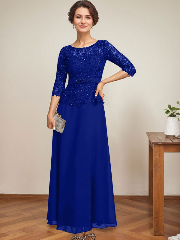 A-Linien-Kleid mit U-Boot-Ausschnitt, Illusion-Detail, knöchellang, aus Chiffon und Spitze mit Strassperlen für die Mutter der Braut. 