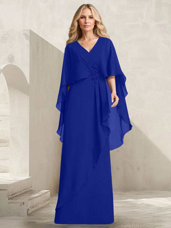 A-Linien-Kleid aus Chiffon mit V-Ausschnitt, bodenlang, mit Kaskadenrüschen und Perlenstickerei für die Mutter der Braut. 