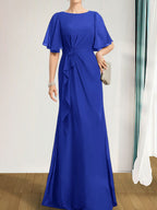 A-Linien-Kleid aus Chiffon in Bodenlänge für die Mutter der Braut mit kaskadenartigen Rüschen, Perlen und Pailletten