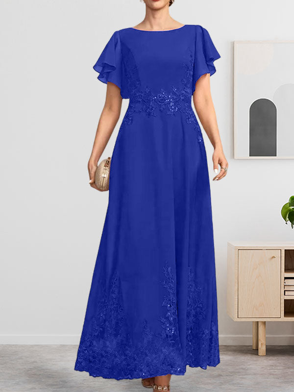 A-Linien-Kleid mit Rundhalsausschnitt, knöchellang, aus Spitze und Chiffon, mit Pailletten besetzt
