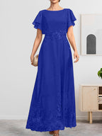 A-Linien-Kleid mit Rundhalsausschnitt, knöchellang, aus Spitze und Chiffon, mit Pailletten besetzt