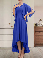 A-Linien-Kleid aus Chiffon mit V-Ausschnitt, asymmetrischem Muster und Perlen- und Paillettenbesatz für die Mutter der Braut