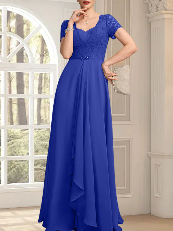 A-Linien-Kleid mit herzförmigem Herzausschnitt, bodenlang, aus Chiffon und Spitze, mit Perlenstickerei und Kaskadenrüschen – ideal für die Mutter der Braut