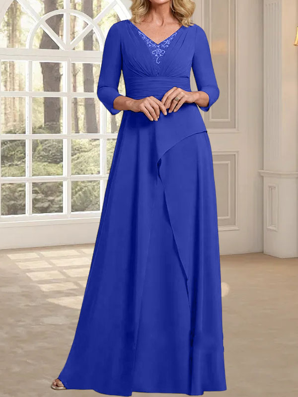 A-Linien-Kleid aus Chiffon mit V-Ausschnitt, bodenlang, für die Mutter der Braut, mit plissierter Perlenstickerei
