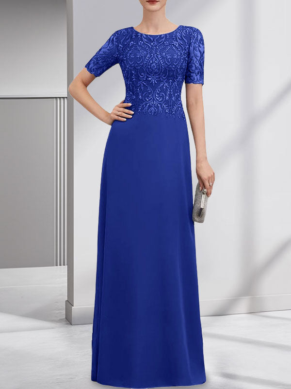 A-Linien-Kleid aus Chiffon mit Pailletten und Rundhalsausschnitt, bodenlang, für die Mutter der Braut