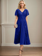 A-Linien-Kleid aus Chiffon mit V-Ausschnitt und Teelänge für die Mutter der Braut 