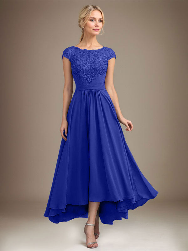 A-Linien-Kleid aus Chiffon mit asymmetrischem, plissiertem Spitzeneinsatz und Illusion-Ausschnitt für die Mutter der Braut 