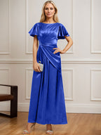 A-Linien-Kleid aus Stretch-Satin mit Rundhalsausschnitt und knöchellanger Verarbeitung für die Mutter der Braut, verziert mit plissierten Perlen. 