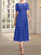 A-Linien-Kleid mit Rundhalsausschnitt, Illusion-Ausschnitt, Teelänge, Spitze und Pailletten für die Mutter der Braut