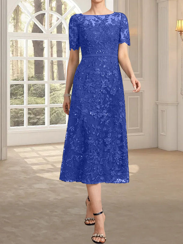 Vestido de encaje para madre de la novia con lentejuelas, corte A, escote ilusión, largo hasta la rodilla