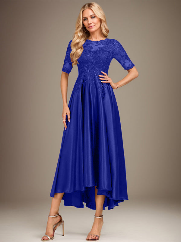 A-Linien-Kleid mit asymmetrischem, transparentem Ausschnitt, Stretch-Satinspitze und Pailletten für die Mutter der Braut 