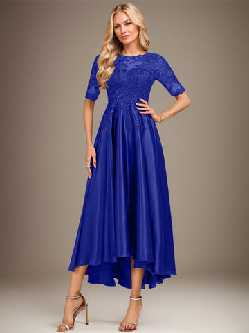 A-Linien-Kleid mit asymmetrischem, transparentem Ausschnitt, Stretch-Satinspitze und Pailletten für die Mutter der Braut 