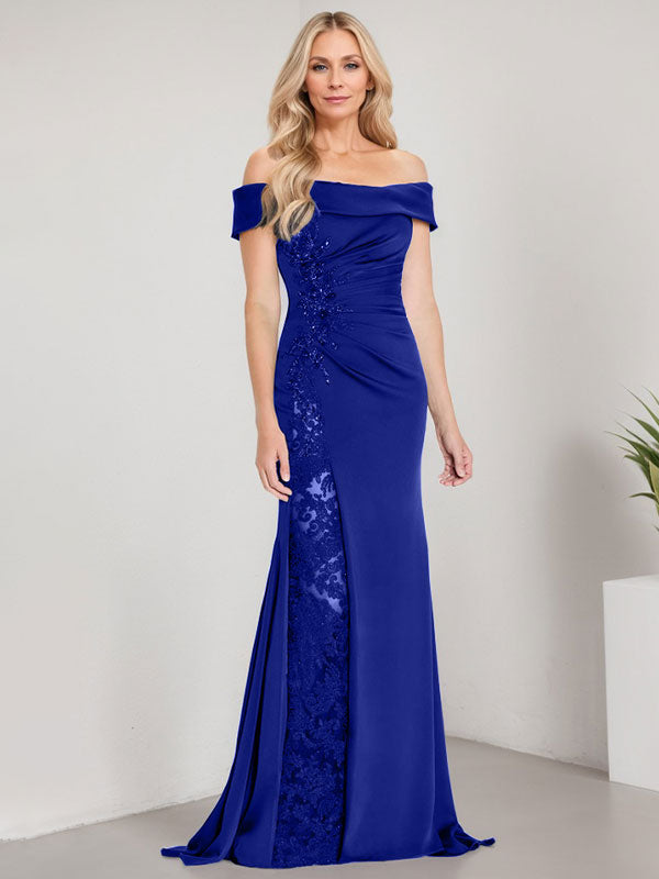 Vestido de sirena con escote en A, hombros descubiertos y largo hasta el suelo para madre de la novia, apliques y cuentas, con abertura alta 