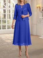 Vestido de gasa con encaje y lentejuelas para madre de la novia, corte A, escote redondo y largo hasta la rodilla 