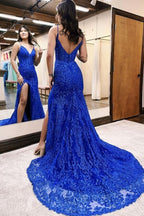 Corset Spaghetti Straps Long Prom Dresses With Lace and Slit