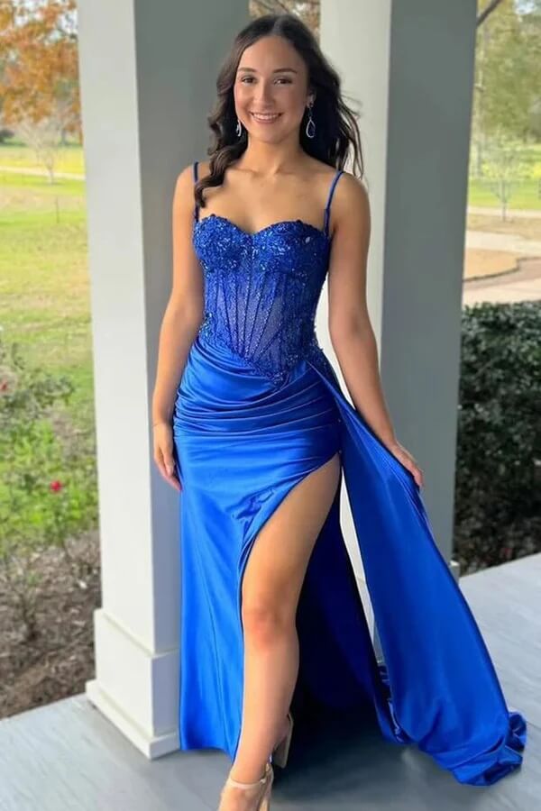 Satin Mermaid Spaghetti Straps Sweetheart Pleated Prom Dresses