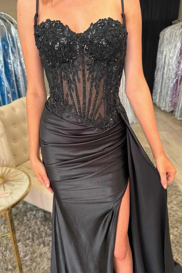 Satin Mermaid Spaghetti Straps Sweetheart Pleated Prom Dresses
