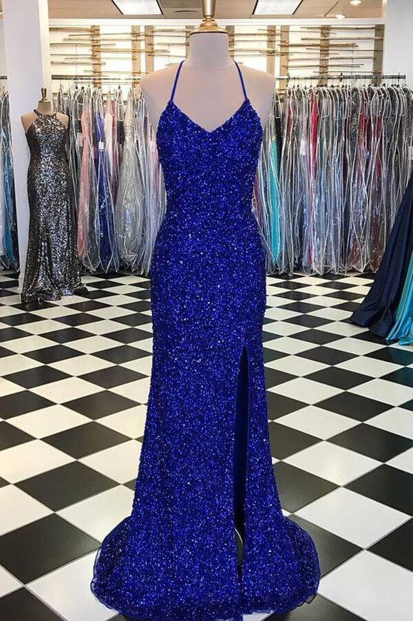 Sequins Sheath V-neck Sweep Train Prom Dress, Evening Gown