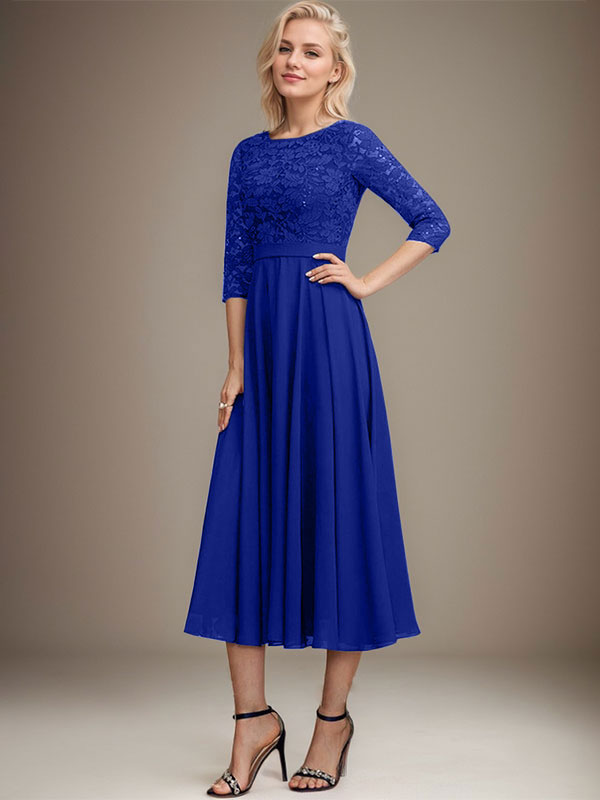 A-Linien-Kleid mit Rundhalsausschnitt, Teelänge, Spitze, Chiffon, Pailletten, für die Mutter der Braut