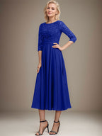 A-Linien-Kleid mit Rundhalsausschnitt, Teelänge, Spitze, Chiffon, Pailletten, für die Mutter der Braut