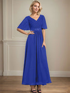 A-Linien-Chiffonkleid mit V-Ausschnitt, Knöchellänge, plissierten Pailletten und Perlenstickerei für die Mutter der Braut