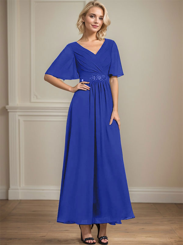 Vestido de gasa para madre de la novia, corte A, escote en V, largo hasta los tobillos, con lentejuelas y cuentas plisadas