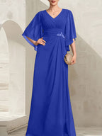 Vestido de gasa para madre de la novia, con escote en V, largo hasta el suelo, con lentejuelas plisadas y abalorios.