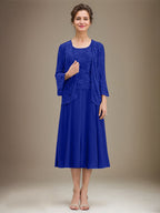 Vestido de gasa con encaje y lentejuelas para madre de la novia, corte A, escote redondo y largo hasta la rodilla 