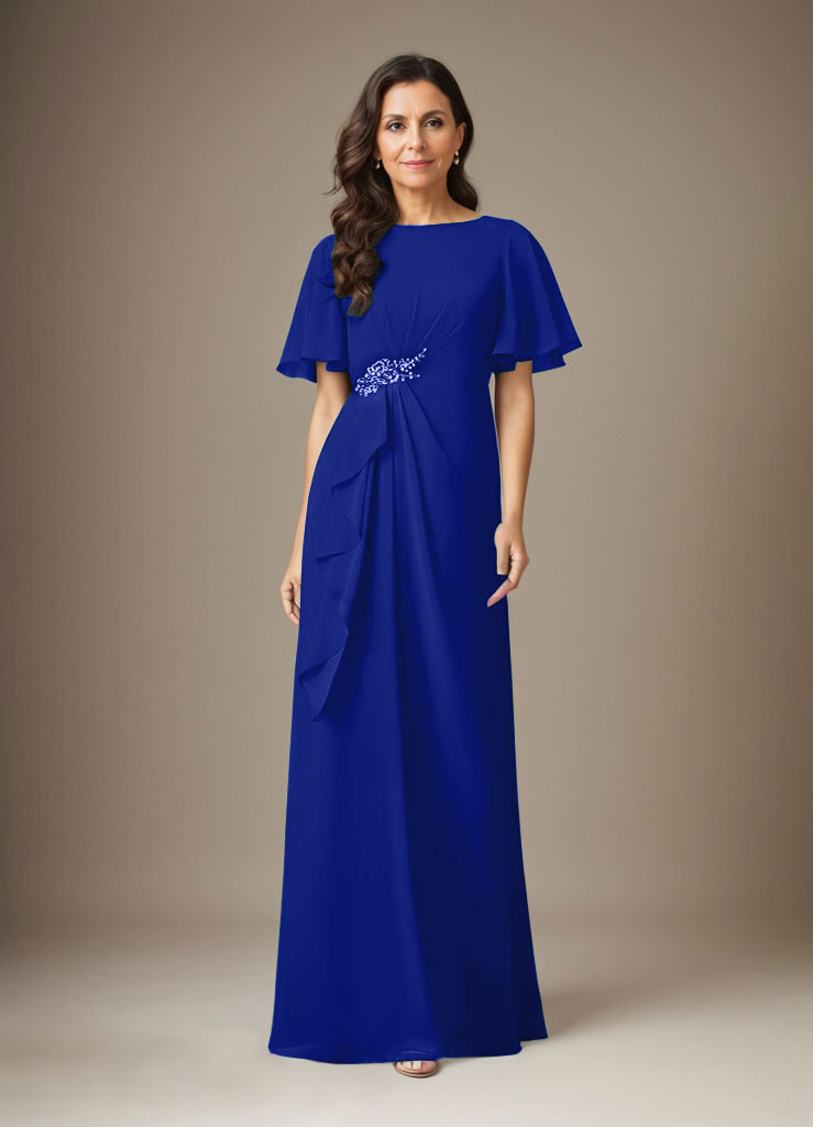 Dunkelblaues Etuikleid aus Chiffon mit Perlenbesatz