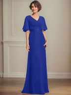 A-Linien-Kleid aus Chiffon mit V-Ausschnitt, bodenlang, für die Mutter der Braut, mit plissierten Paillettenapplikationen und Spitze