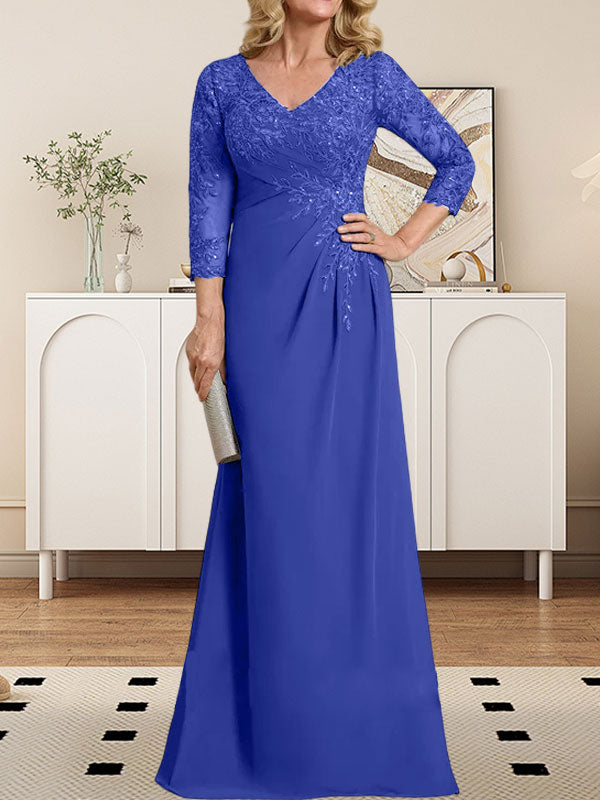 Etuikleid/Säulenkleid mit V-Ausschnitt, Illusion-Detail, bodenlang, aus Chiffonspitze und plissierten Pailletten für die Mutter der Braut 