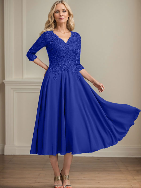 A-Linien-Kleid aus Chiffonspitze mit V-Ausschnitt, Teelänge, Perlen- und Paillettenstickerei für die Mutter der Braut 