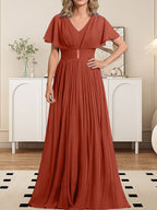 A-Linien-Chiffonkleid mit V-Ausschnitt, bodenlang, für die Mutter der Braut, mit Kristallbrosche und Falten 