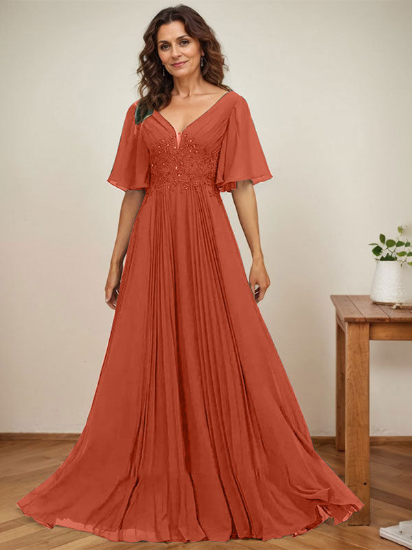 A-Linien-Kleid aus Chiffon mit V-Ausschnitt, bodenlang, mit Paillettenapplikationen, Spitze und Falten für die Mutter der Braut 