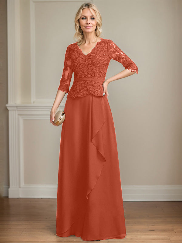 A-Linien-Kleid aus Chiffon mit V-Ausschnitt, bodenlang, mit Spitze, Kaskadenrüschen und Pailletten für die Mutter der Braut 