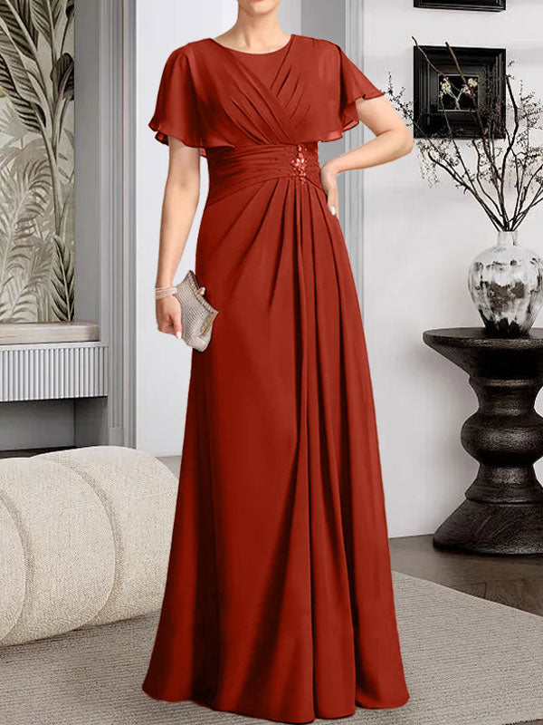 A-Linien-Kleid aus Chiffon mit Rundhalsausschnitt und bodenlanger Verarbeitung, verziert mit plissierten Perlen.