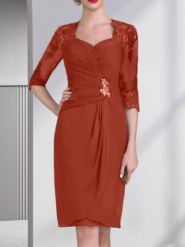 Etuikleid/Säulenkleid mit Herzausschnitt, knielang, aus Chiffon für die Mutter der Braut mit Perlenapplikationen, Spitze, Pailletten und Falten