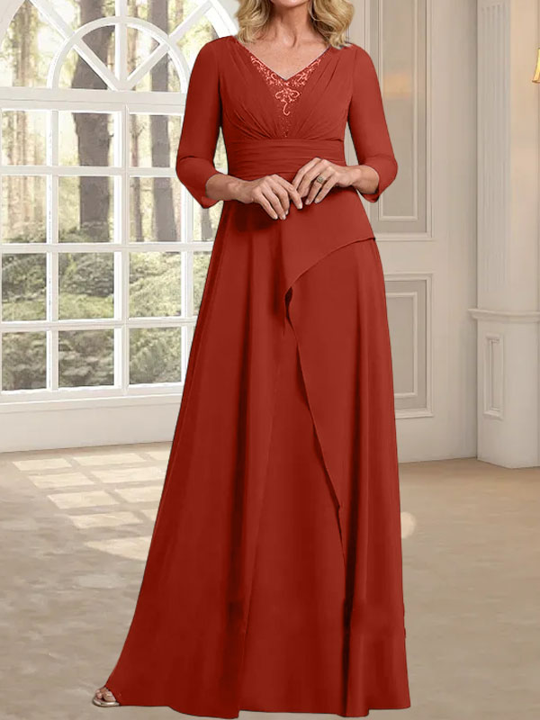 A-Linien-Kleid aus Chiffon mit V-Ausschnitt, bodenlang, für die Mutter der Braut, mit plissierter Perlenstickerei