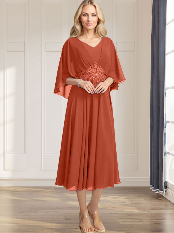 A-Linien-Kleid aus Chiffon mit V-Ausschnitt, Teelänge, plissierten Paillettenapplikationen und Perlenstickerei für die Mutter der Braut 