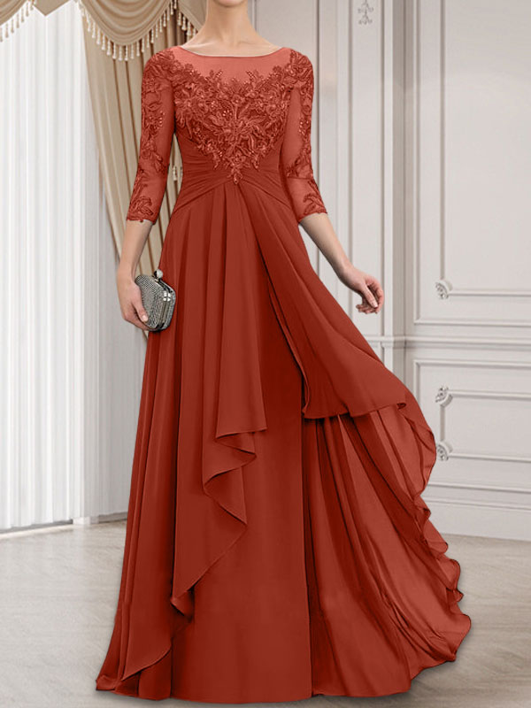 A-Linien-Kleid mit U-Boot-Ausschnitt, Illusion-Effekt, bodenlang, aus Chiffon und Spitze, mit Kaskadenrüschen – perfekt für die Mutter der Braut