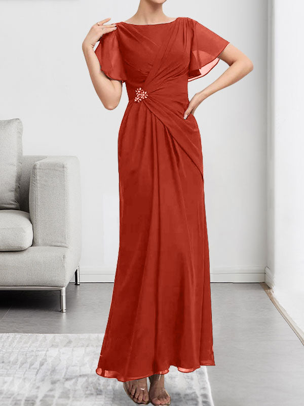 A-Linien-Chiffonkleid mit Rundhalsausschnitt, knöchellang, mit Perlenstickerei und Falten für die Mutter der Braut