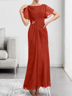A-Linien-Chiffonkleid mit Rundhalsausschnitt, knöchellang, mit Perlenstickerei und Falten für die Mutter der Braut