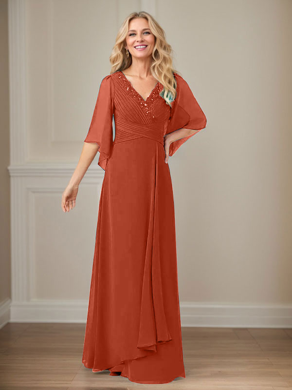 Langes Pailletten-Chiffon-Kleid in A-Linie mit V-Ausschnitt für die Mutter