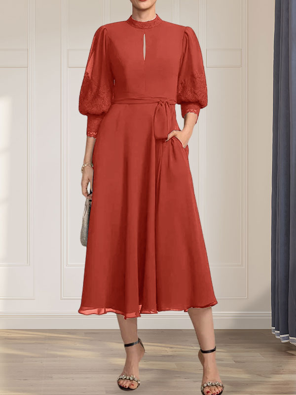 A-Linien-Kleid aus Chiffon mit hohem Kragen, Teelänge und Spitze für die Mutter der Braut, verziert mit einer Schleife