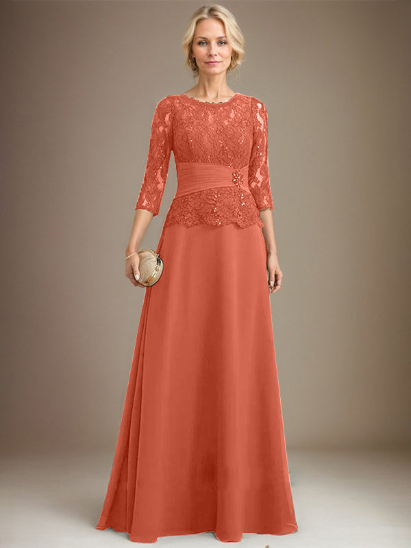 Vestido de gasa con encaje y escote en A, ilusión, largo hasta el suelo, para madre de la novia, con lentejuelas plisadas y abalorios 