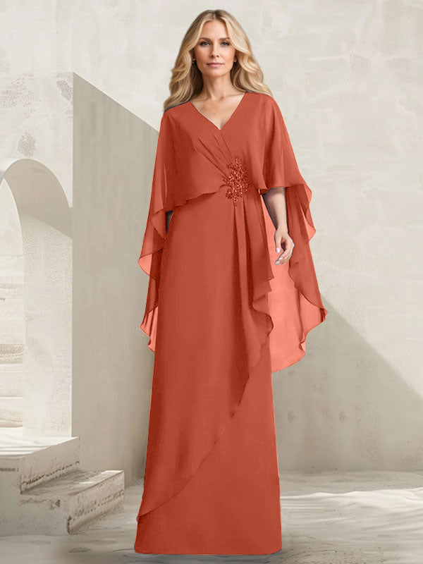 A-Linien-Kleid aus Chiffon mit V-Ausschnitt, bodenlang, mit Kaskadenrüschen und Perlenstickerei für die Mutter der Braut. 