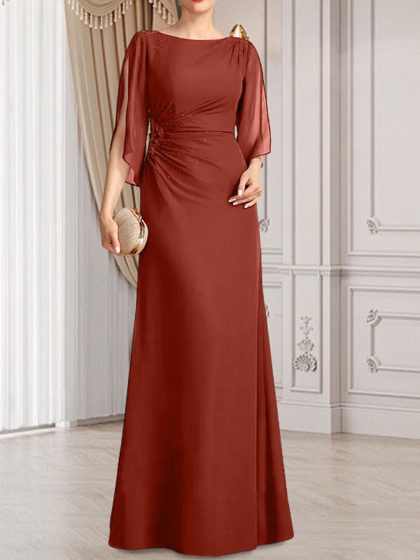 Etui-/Säulen-Chiffonkleid in Bodenlänge für die Mutter der Braut mit plissierter Perlenstickerei