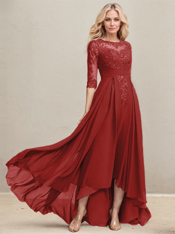 A-Linien-Kleid mit asymmetrischem Ausschnitt, Illusion-Effekt, Spitze und Chiffon, verziert mit plissierten Pailletten, ideal für die Mutter der Braut 