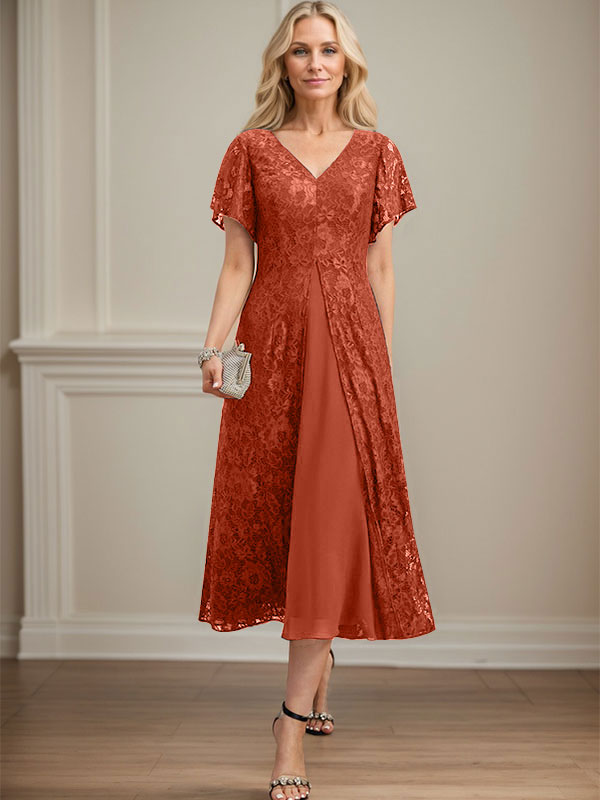 A-Linien-Kleid aus Chiffon mit V-Ausschnitt und Teelänge für die Mutter der Braut 